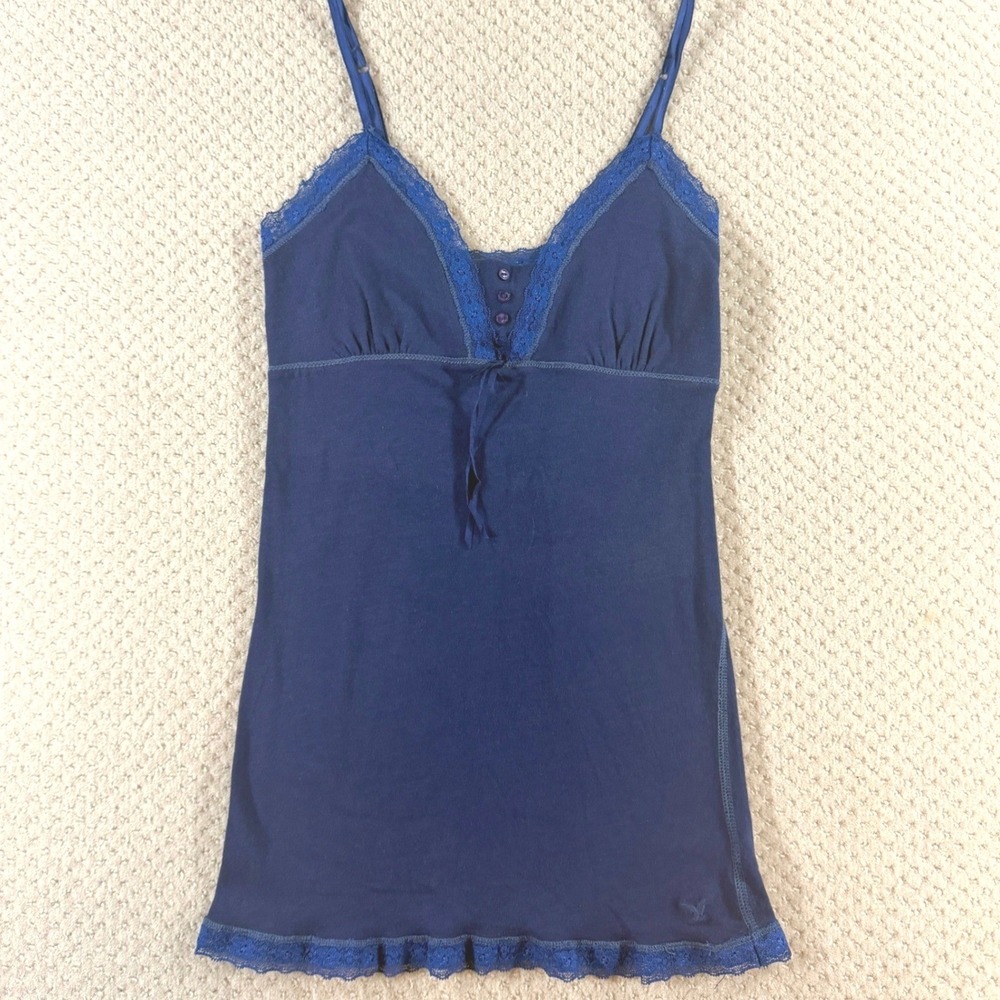Vintage Y2K American Eagle Lace Cami Henley Sz XS Blue Fairy whimsigoth babydoll